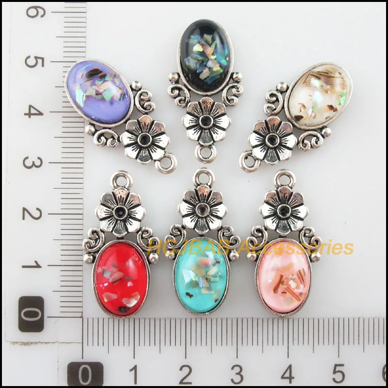 12 New Flower Rose Charms Tibetan Silver Tone Retro Mixed Resin Pendants 15x29mm