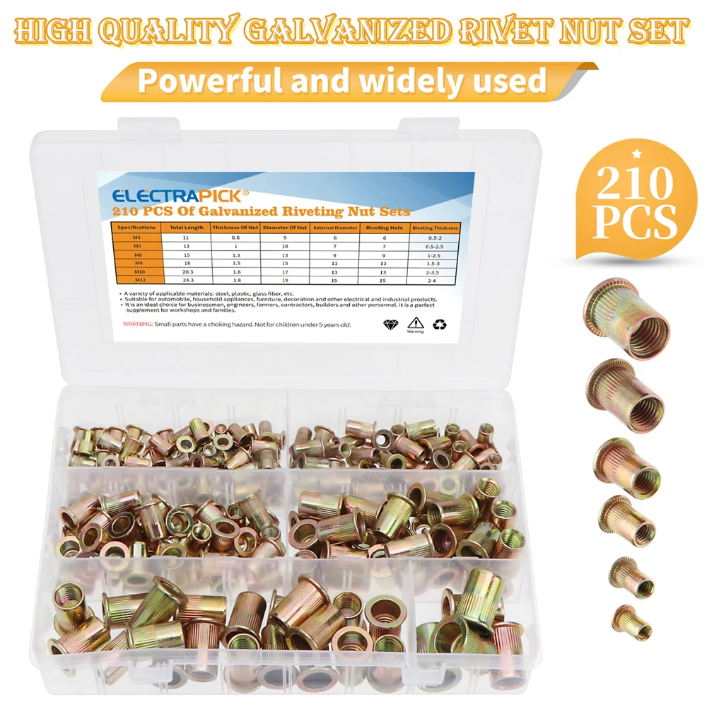 Electrapick 93/165/210pcs Carbon Steel M3 M4 M5 M6 M8 M10 M12 Flat Head Rivet Nut Set Multi Size Insert Rivet Nut Hardware Part