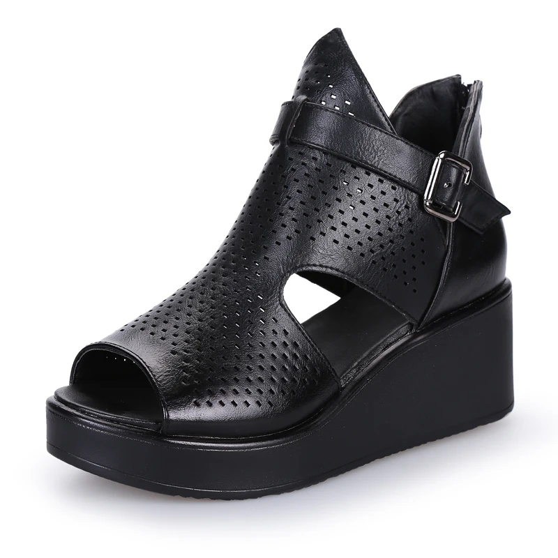 2024 New High Quality Pu Fish Mouth Summer Women Sandals Platform Increase Shoes Woman Wedges Sandals Black Shoes Size 33-42