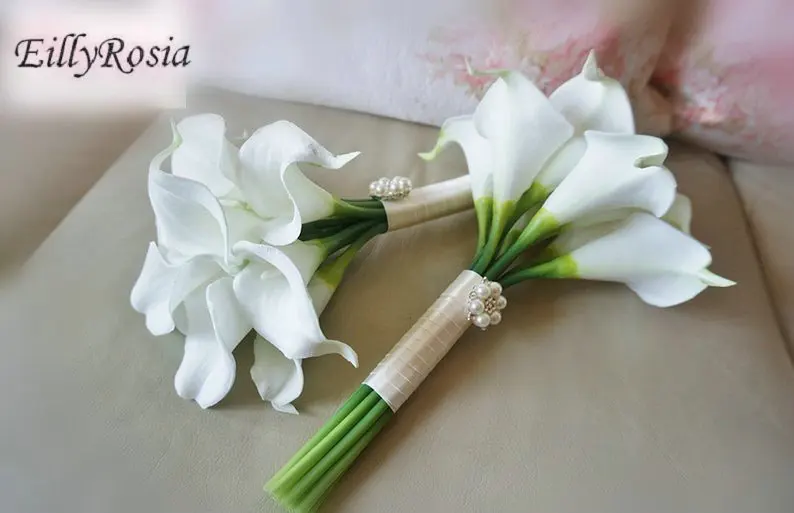 Buquê de dama de honra branco cala lírio toque real feito à mão cor segurando flores boho buquê de casamento fleur artificielle