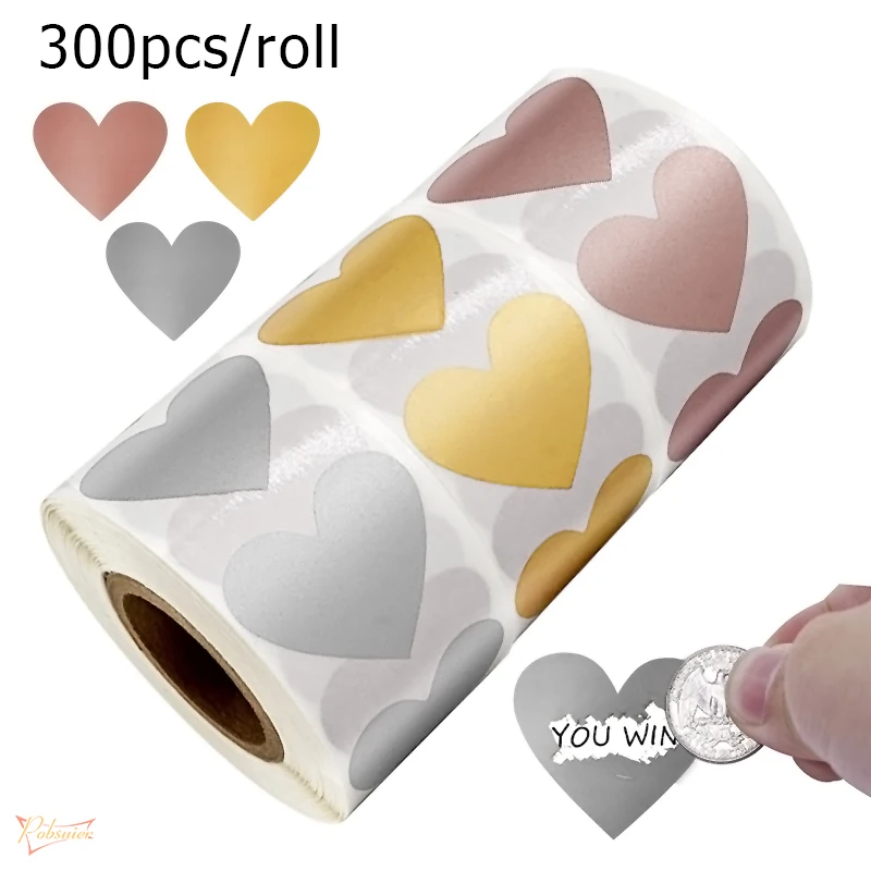 300 Pieces/Roll Scratch-off Stickers Heart Shape Round Labels DIY Handmade for Game Children's Reward