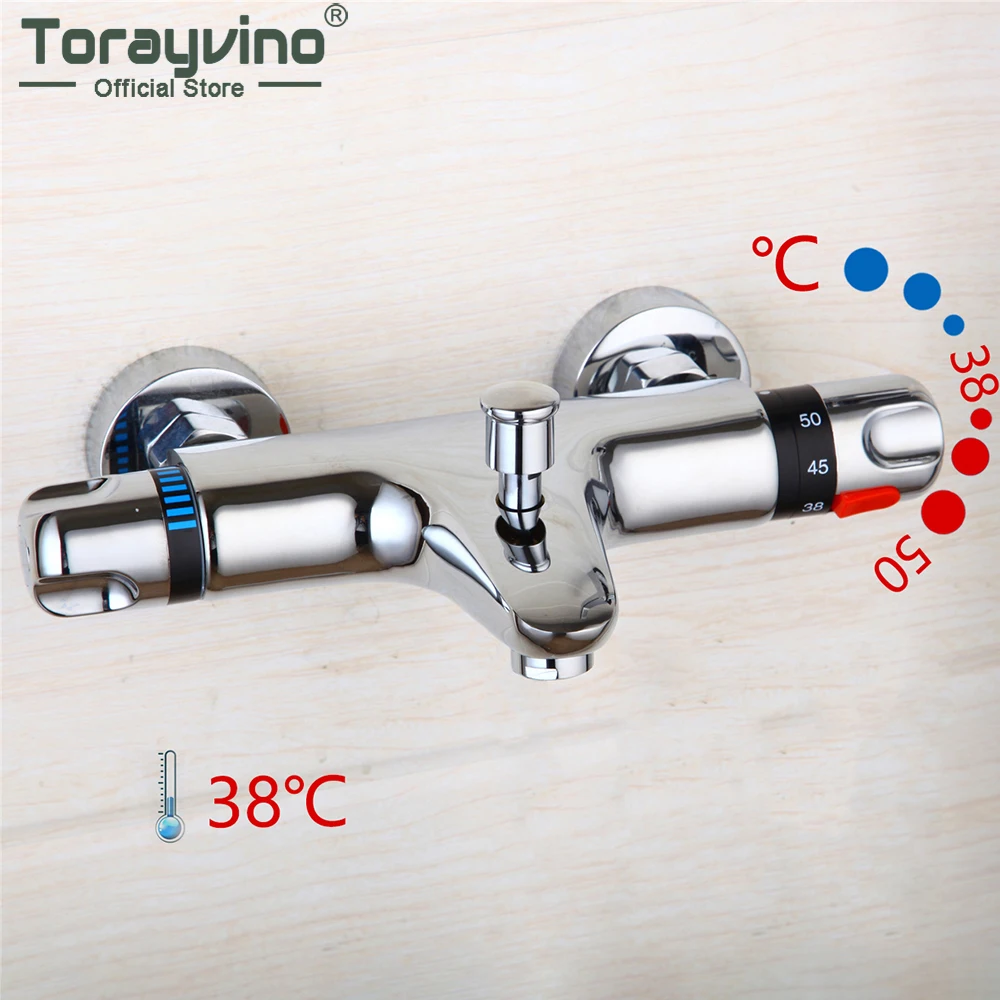 

Torayvino Thermostatic Bath Shower Control Valve Bottom Faucet Wall Mounted Bathroom Chrome Polished Temperature Mixer Water Tap