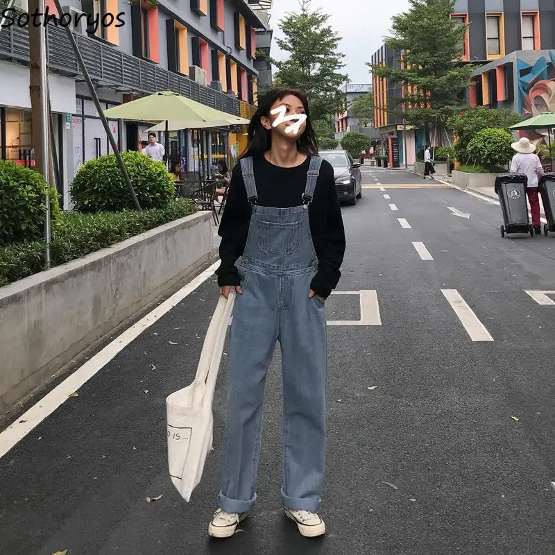 

Jumpsuits Women Long Denim Strap Slim Summer All-match Vintage Womens Fashion Streetwear BF Ulzzang Leisure Simple Chic Students