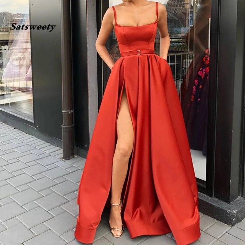 

Satsweety Evening Gowns Custom Made Square Collar A-Line Spaghetti Straps Satin High Slit Formal Prom Dress with Pockets