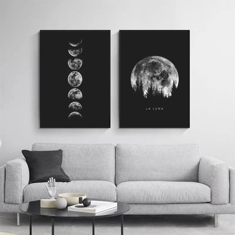 

Black White Style Moon Phases Canvas Paintings Modern Planet Wall Art Posters Nordic Pictures Living Room Decoration Home Decor