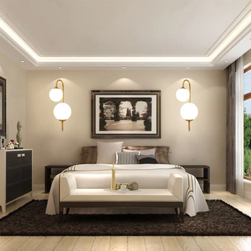 Double glass ball modern simple art led bedroom iron bedside aisle E27 wall lamp