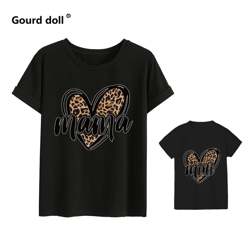 Family Matching Mother Kids Daughter T-shirts Cotton MAMA MINI Mom Baby Leopard Mommy and Me tshirt Family Matching Outfits Tops