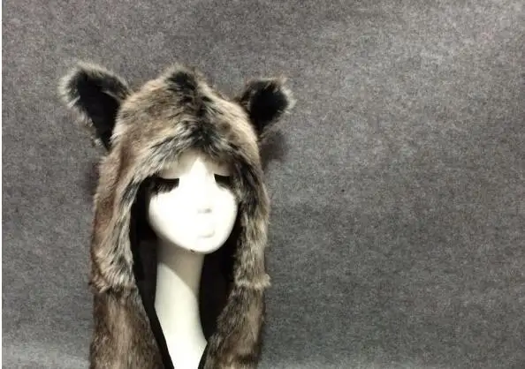 Gorro de invierno de piel de conejo de imitación para mujer y hombre, gorro de Animal, orejeras, Lobo, felpa, gorro cálido con bufanda larga,