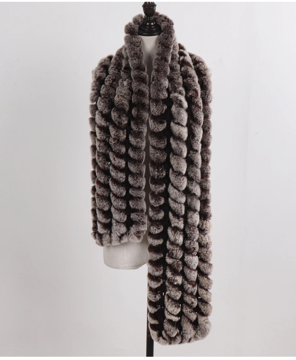 Neue Marke Gestrickter Modischer Damen Echt Rex Kaninchenfell Schal Frauen Winter Warmer Natürlicher Pelzschal Langer Stil Echter Pelz Halswärmer – Detail 9
