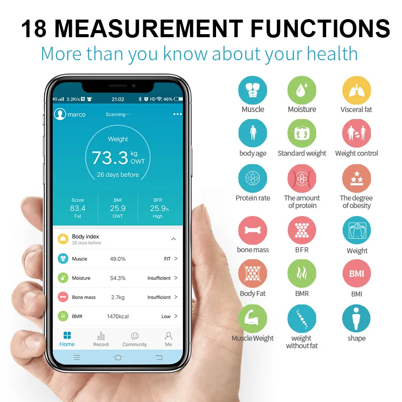 Imagem -03 - Balança Inteligente Digital Eletrônica de Banheiro Bluetooth Compatível com Gordura Corporal Bmi Analisador de Aplicativo Compartilhamento de Aplicativos Sociais