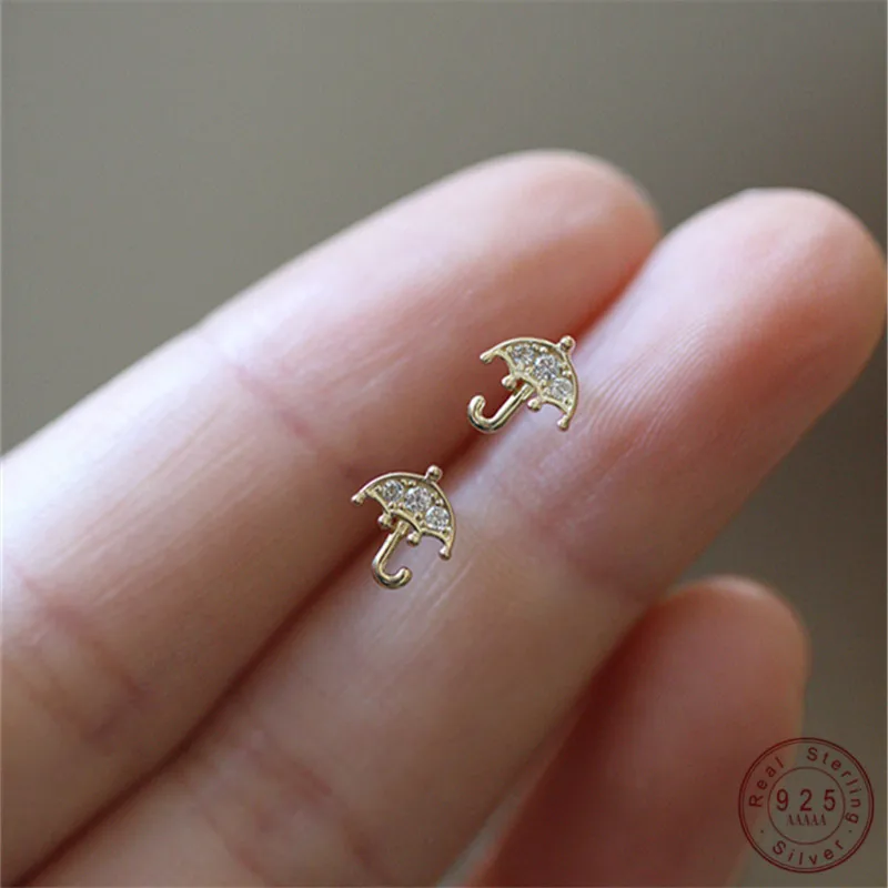 925 Sterling Silver Korean Version Simple Pavé Zircon Umbrella Stud Earrings Women Creative 14k Gold Plating Jewelry Gift