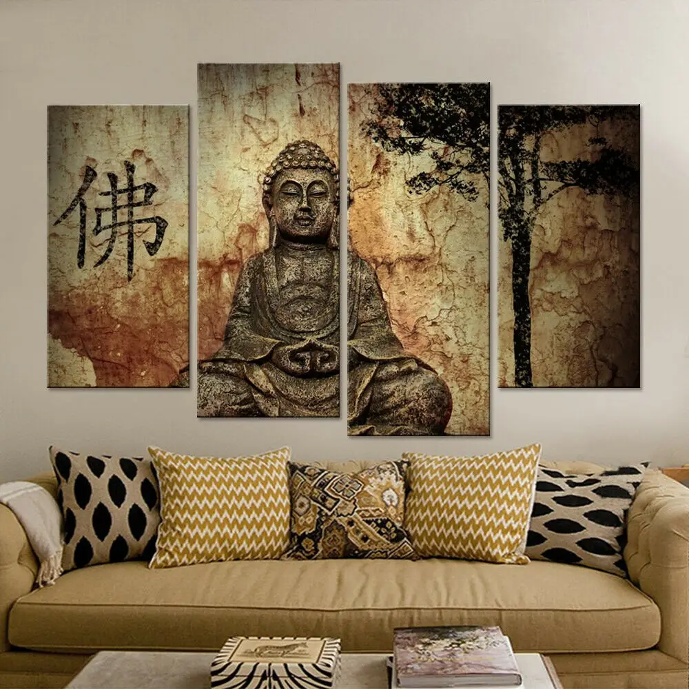 4 Panels Ancient Meditating Buddha Statue Wall Art Painting Picture Print On Canvas Pictures for Home Decor Decoration