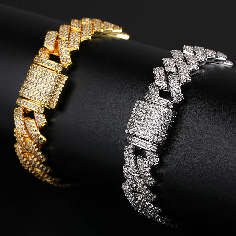 

7"-9" 13mm wide Hip Hop AAA CZ Stone Paved Bling Iced Out Square Cuban Miami Link Chain Bracelets for Men Rapper Jewelry