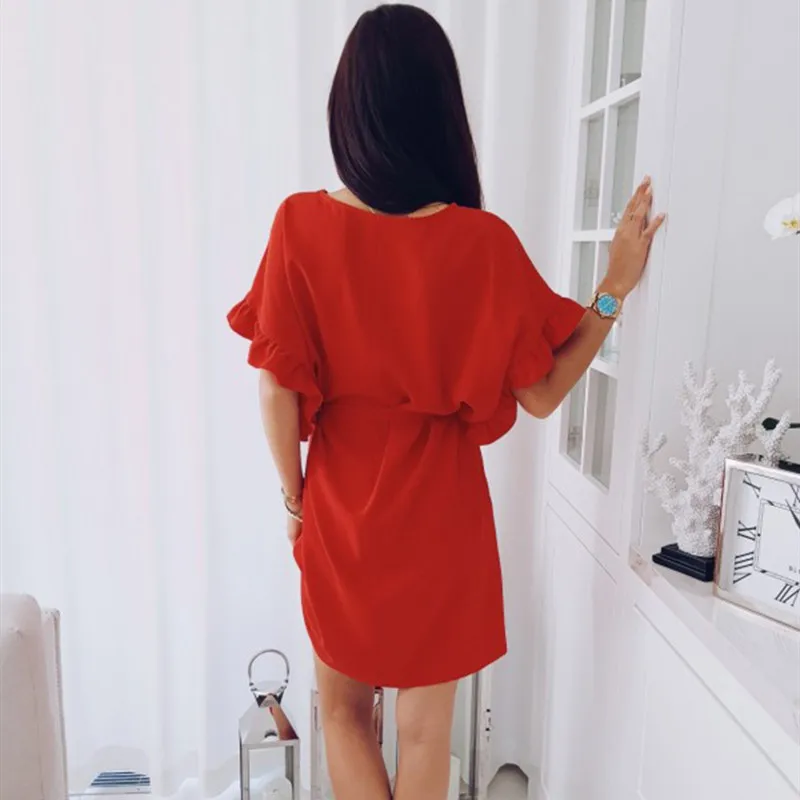 Summer Polyester Women\'s Dress Round Collar Short Sleeve Pullover Loose Sashes Solid Fashion Office Lady Dress