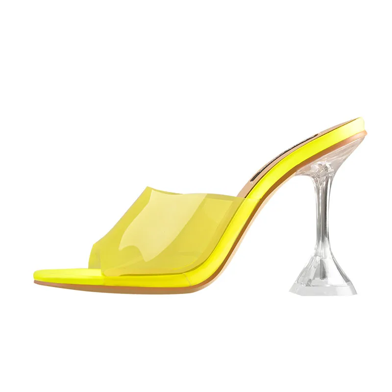 Onlymaker Peep Toe Yellow Transparent Tapered Heels Mules Spike Heels PVC For Summer Plus Size  Sandals