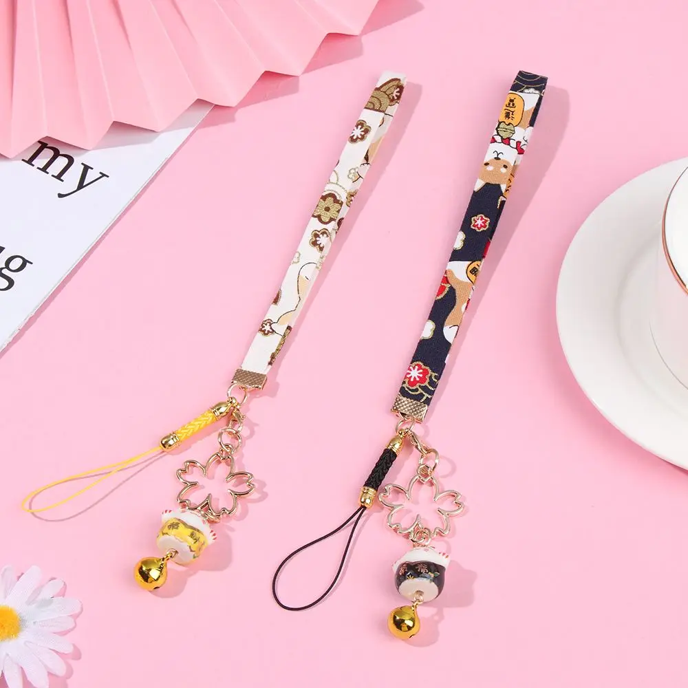 Cat Cherry Blossoms Hang Rope Phone Strap Lanyard Keychain Wrist Rope Anti-lost Lanyard Lucky Cat Bell Sakura Phone Lanyard