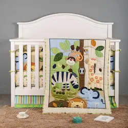 4PCS SET Baby bedding sets  cotton Cartoon jungle design crib bedding set include comforter,crib sheet,crib skirt,crib bumper