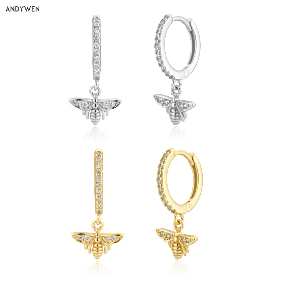 ANDYWEN 200 New 925 Sterling Silver Gold Bees Pendant Pendiente Piercing Ohrringe Women Fashion Jewels Round Luxury Jewels