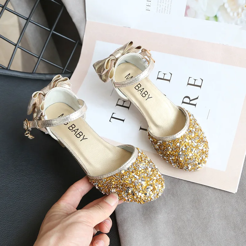 Girls Sequin Shoes Princess Gold Pink Silver Kids 2023 New Summer Glitter Holiday Shoes Wedding Birthday Party Formal B859