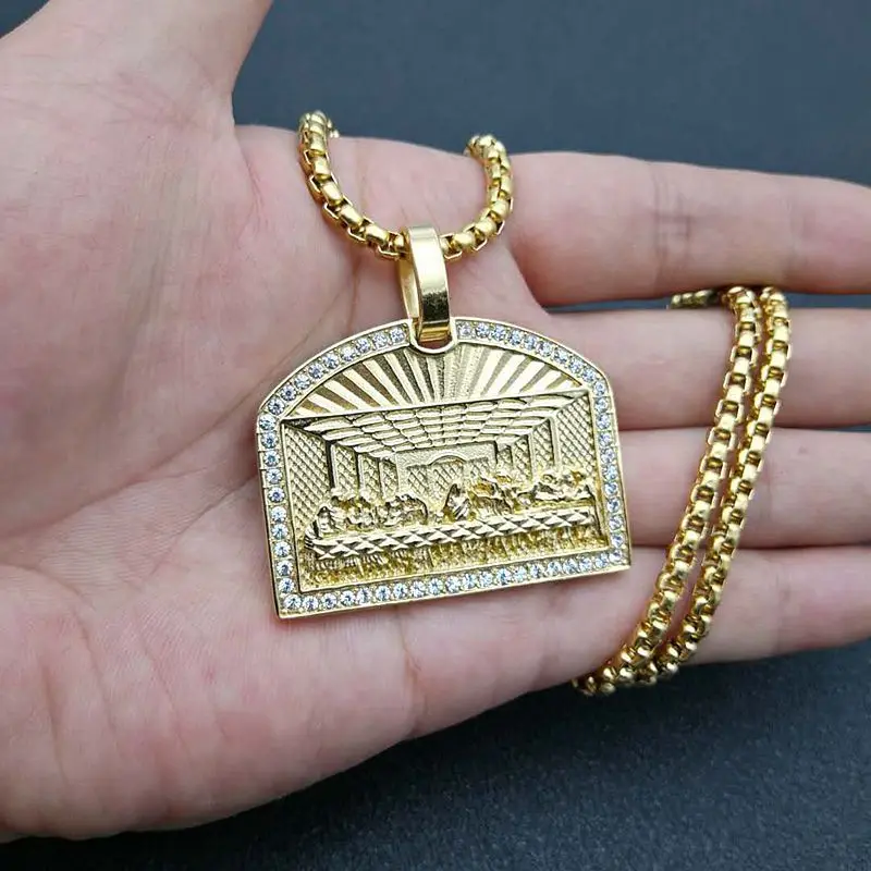 Hip Hop Bling Iced Out Rhinestones Stainless Steel The Last Supper Geometric Square Pendant Necklace for Men Rapper Jewelry