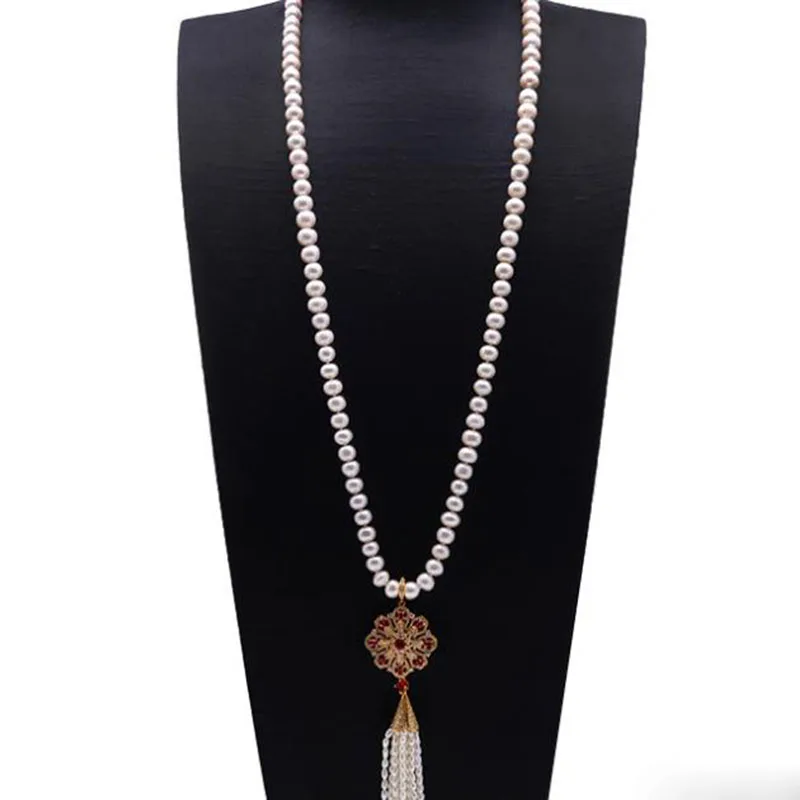 Long Tassel Pearl Necklace for women 9-10mm White Near Round natural freshwater pearl chains