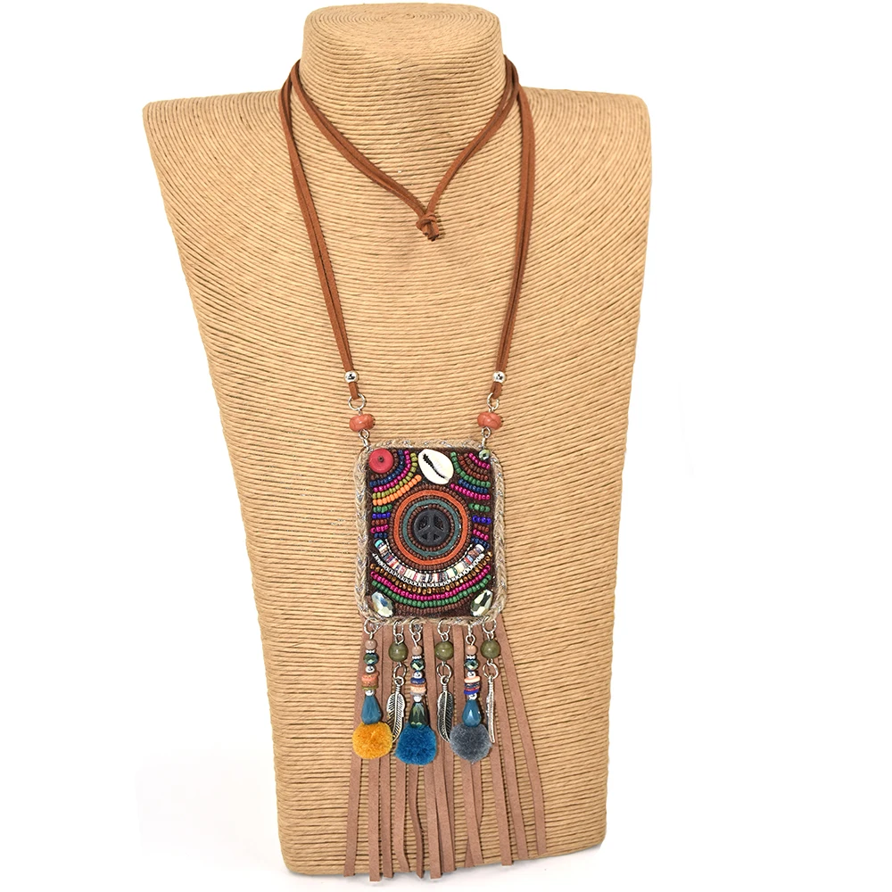 Handmade Ethnic Bohemia Beads Chain Leather Tassel Pendent Necklce Long Fringe Tassel Pompous bag Pendant Necklaces