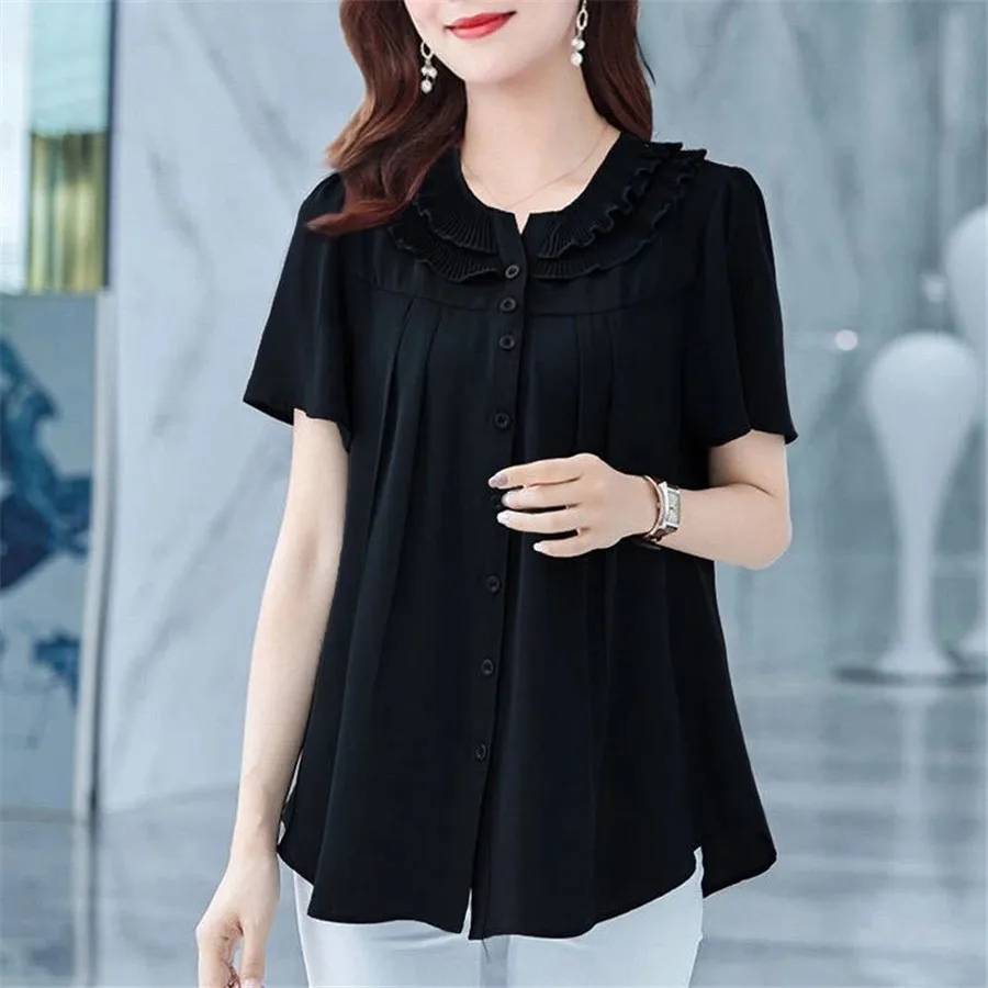 Women Blouses Basic Selling Button Solid 2023 summer short Sleeve Shirt Female Chiffon Women\'s Slim Clothing Plus Size Tops