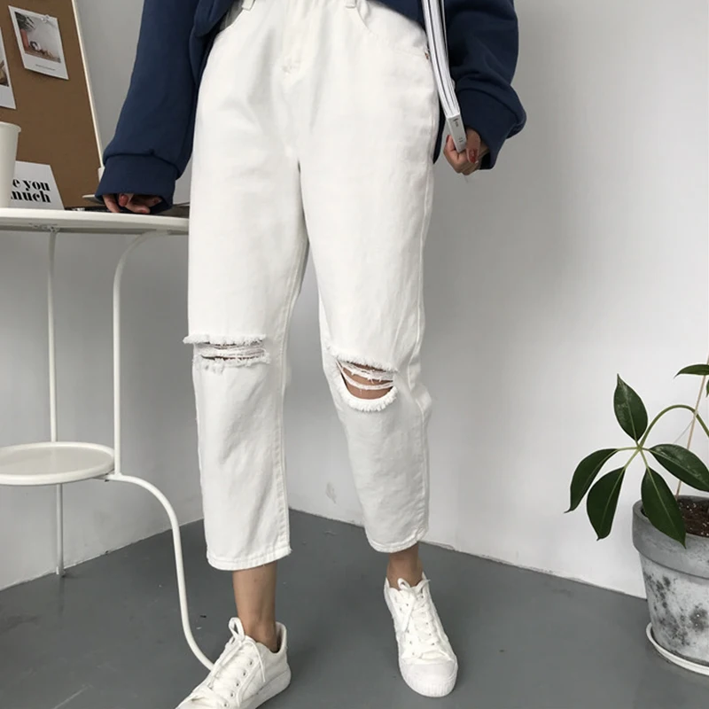 Jeans Women Ripped Hole High Waist Zipper Fly Button Straight Ankle-length Womens Trousers Basic Bottoms Black Jean Femme Chic