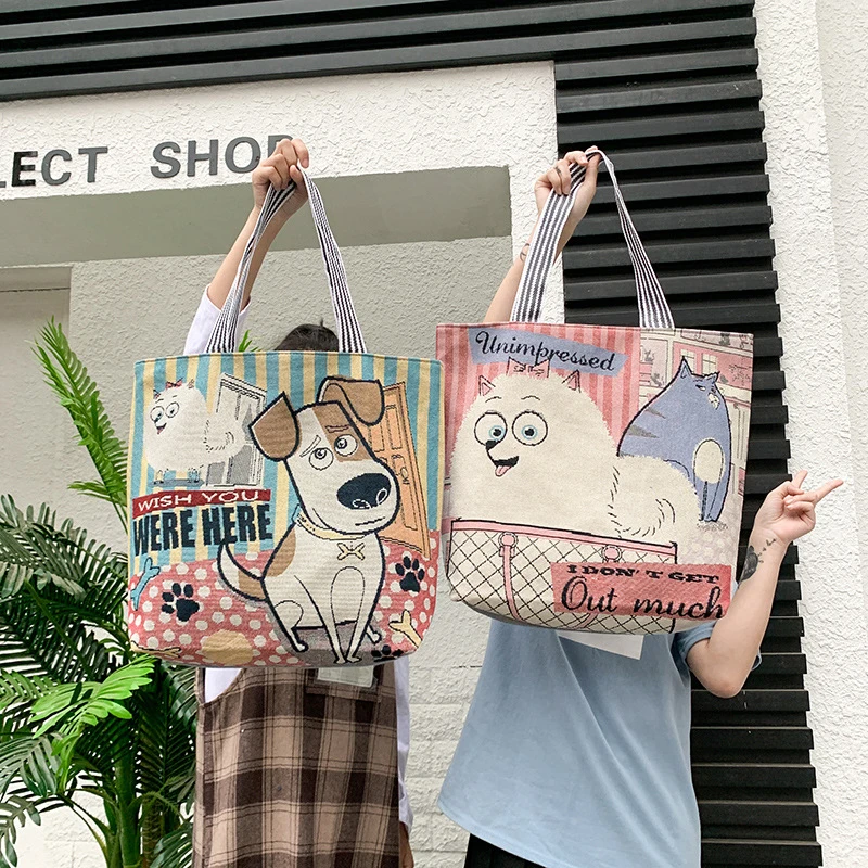 New Canvas Tote Bags for Women Cute Cartoon Dogs Cats Big Size Shopping Bag Female Girls Beach Shoulder Bag School Teacher Gift