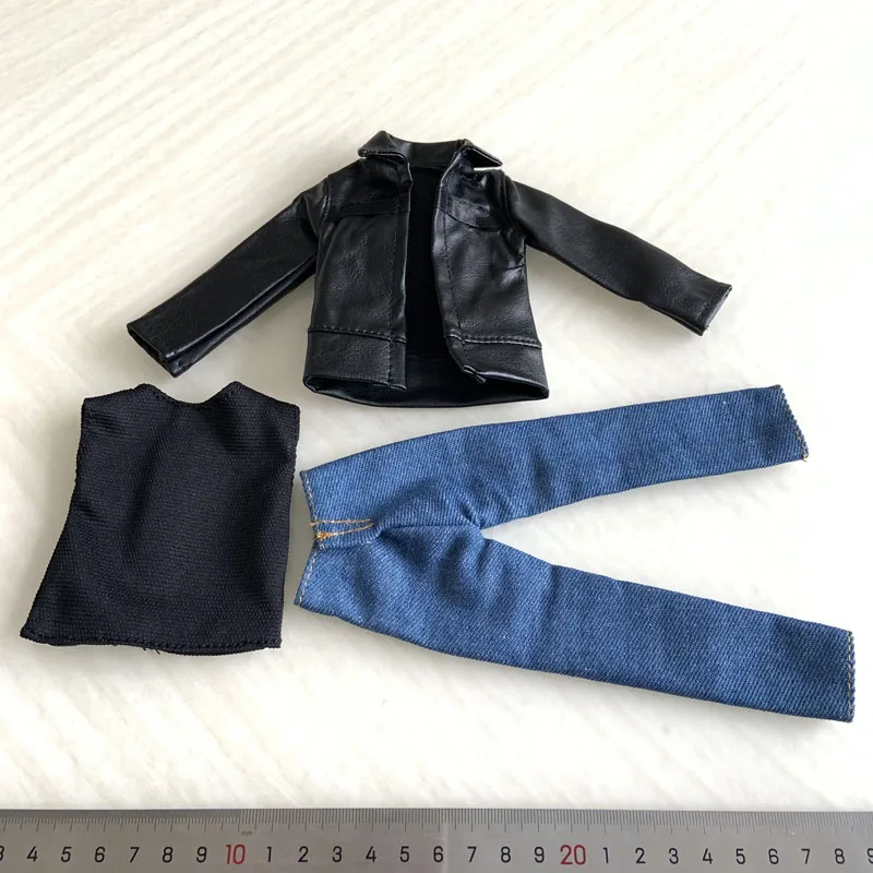 Tbleague 1/6 Scale Male Soldier Black Leather Jacket with Blue Jeans Vest Suit for 12in Action Figure Toys Collcection