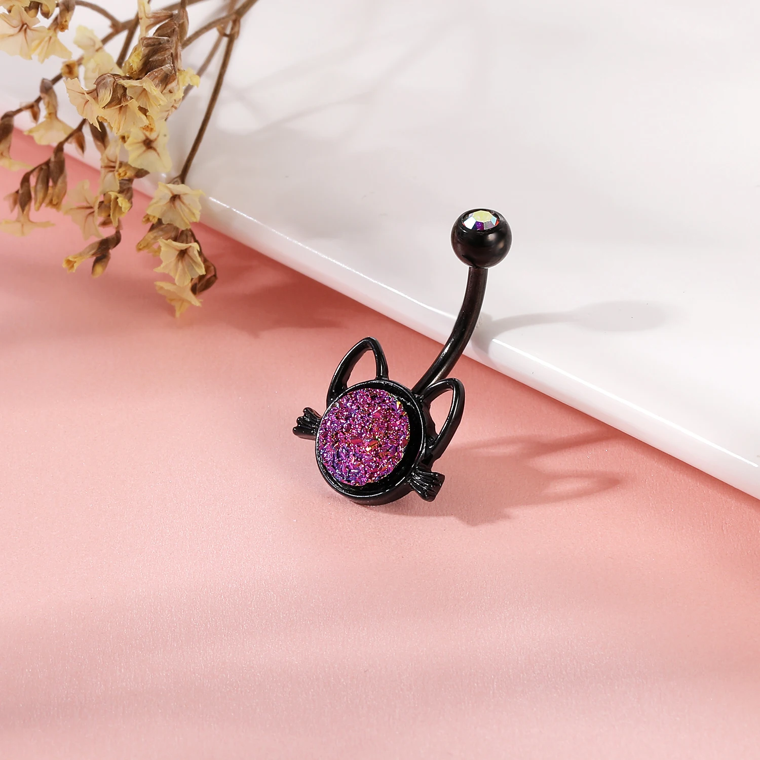 AOEDEJ 14G Black Plated Belly Ring Stainless Steel Navel Piercing Crystal Belly Button Ring Opal Cute Cat Heart Shape Navel Ring