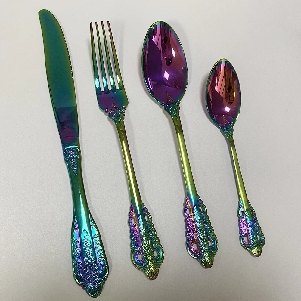 24pcs/set High-GradeDinnerware Rainbow Stainless Steel Flatware Cutlery Set Fork Knife Spoon Tableware Set Kitchen Dinner Set