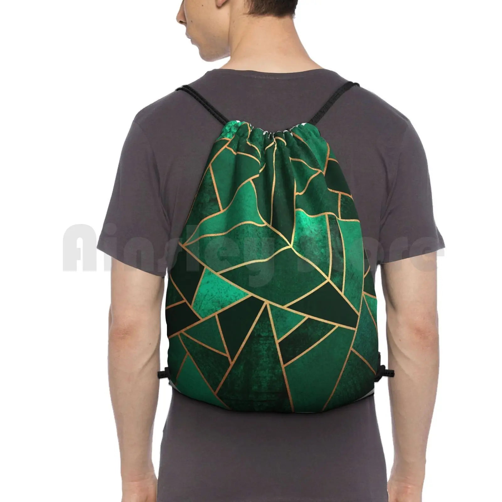 Drawstring Mochila com padrão gráfico, padrão geométrico mosaico, esmeralda e cobre, equitação escalada e Gym Bag, linhas abstratas