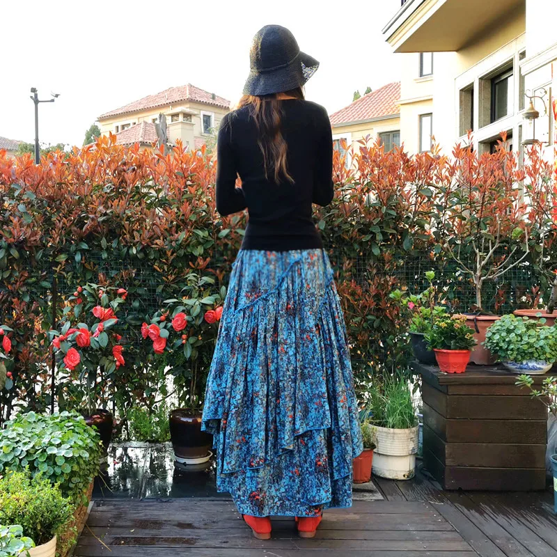 TIYIHAILEY Free Shipping 2020 New Long Maxi A-line Elastic Waist Women Summer Spring Cotton Linen S-2XL Blue Flower Print Skirts