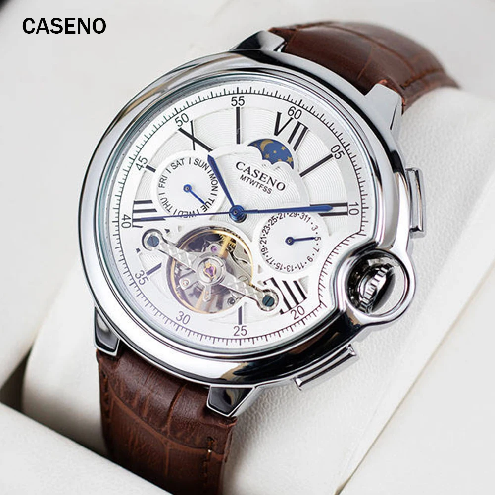 Tourbillon Mens Watch Top Brand Luxury Belt Watch Men Automatic Mechanical Wristwatch Skeleton Sport Male Clocks relogio CASENO