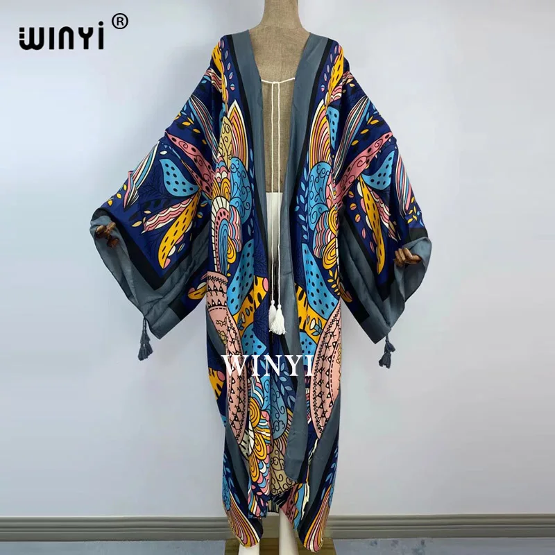 2021 WINYI Cotton Bikini Sweet Lady Pink Boho Print Self Belted Front Open Long Kimono Dress Beach Tunic Women Wrap Dresses