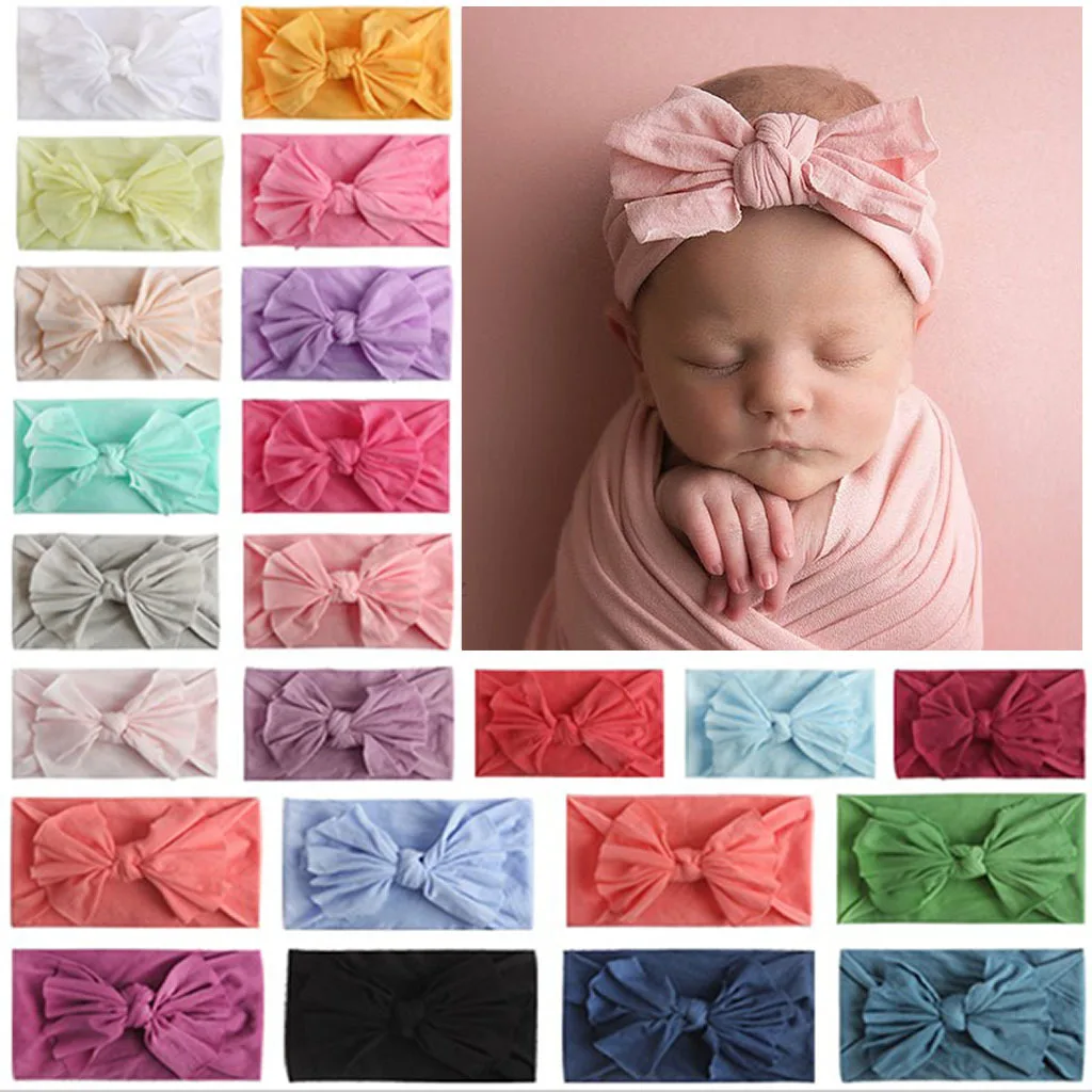 New Soft Nylon Stockings Children's Wide Hairband Single Bowknot Children's Baby Headband Headdress 23 Colors