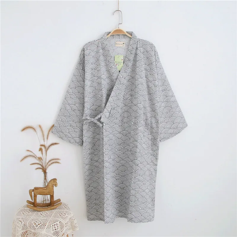 Mens 100% Cotton Gauze Robes Japanese Kimono Robe Three Quarter Bathrobe Black V-Neck Sleepwear Water Ripples Print Sleep Tops