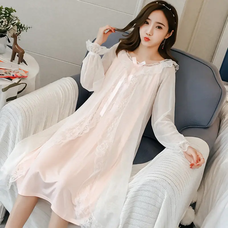 Women Cotton Dress Princess Sleepshirts Vintage Palace Style Lace Embroidered Nightgowns.Victorian Nightdress Lounge