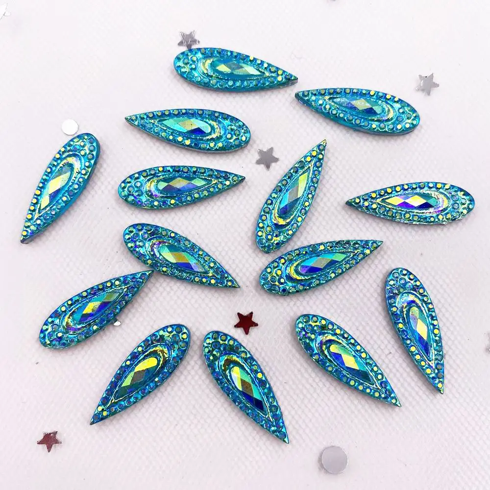 60PCS Shiny AB Resin 6*20mm Peacock Eye Teardrop Gem Beads Flatback Rhinestone Scrapbook DIY Wedding Applique Ornament G92