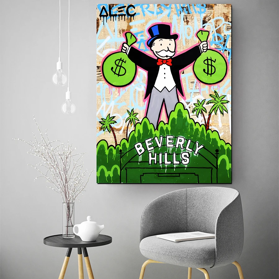 

HD-принт Alec Monopoly Картина маслом Домашний декор Настенное искусство на холсте Монополия держит 2 сумки Beverly Hills Печать на холсте Декор