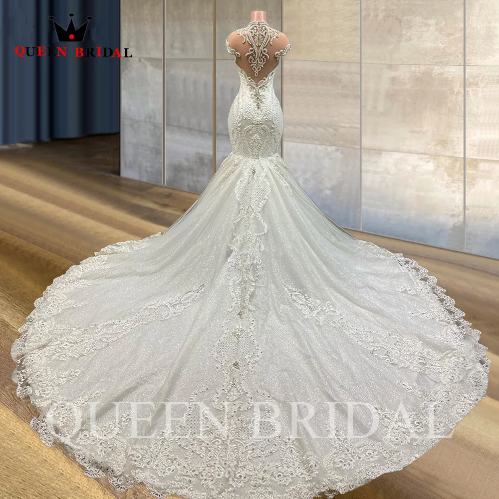 Real Photo Wedding Dresses Mermaid High Neck Tulle Crystal Beaded Diamond Luxury 2023 New Formal Bridal Gown Custom Made JT21