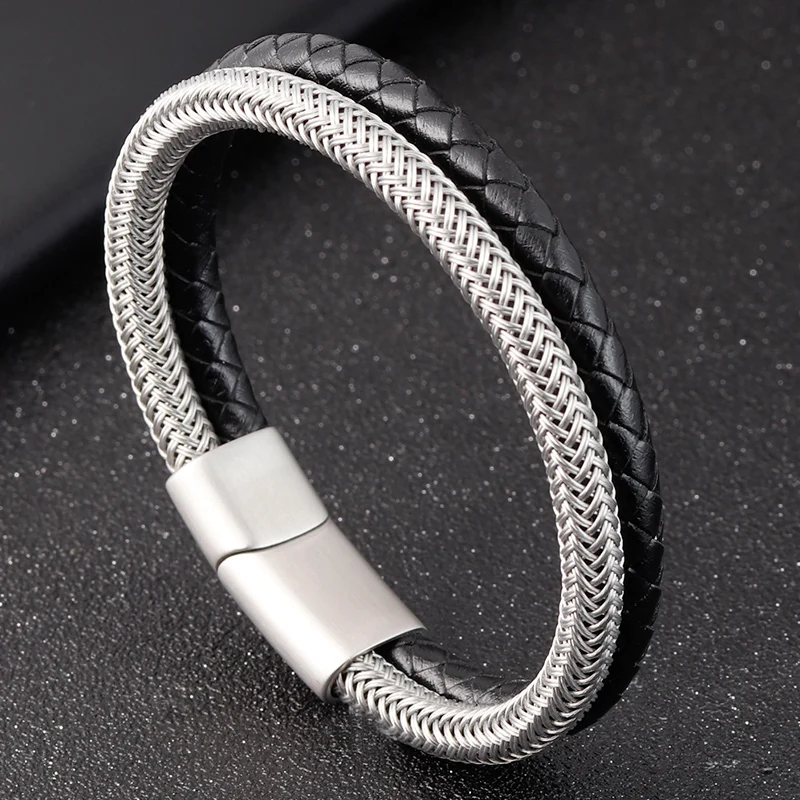 Classic Style Leather With Stainless Steel Stitching Combination Men's Bracelet Black/Steel Buckle Party Accessories Gift