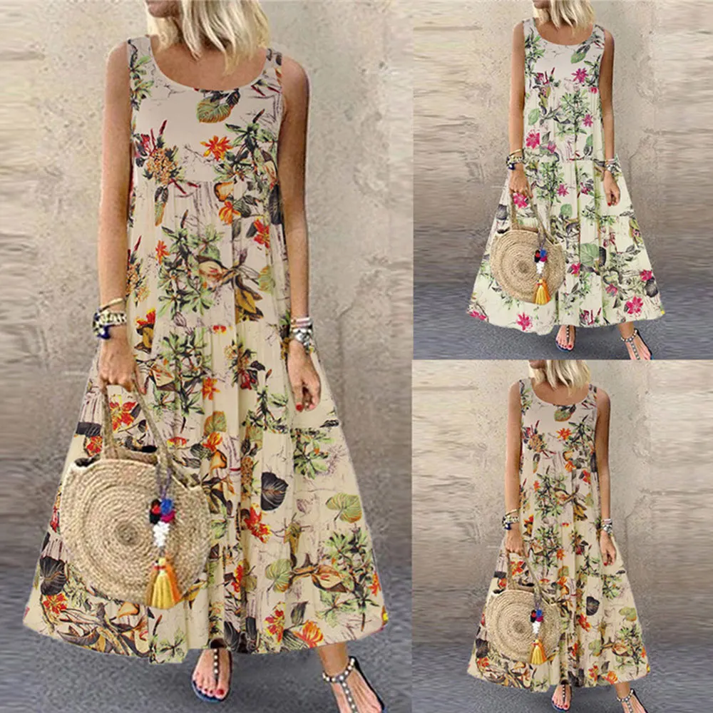 Jocoo Jolee Bohemian Maxi Dress Women Casual Vintage Sleeveless O Neck Floral Print Loose Long Dress Oversized Beach Sundress