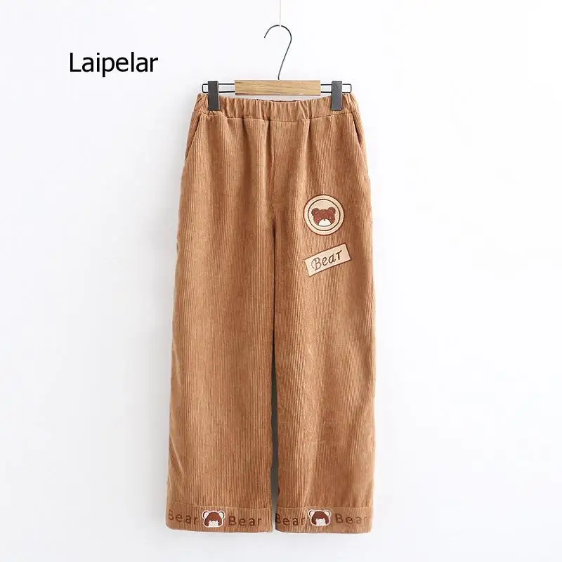 Japanese Autumn Fashoin Preppy Style Women Cartoon Bear Embroidery Corduroy Students Girls Straight Casual Pants