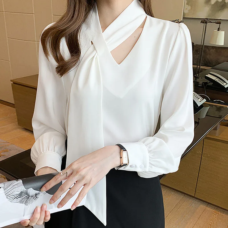 

French Satin Blouses Women's 2021 Autumn White Long Sleeve Shirt Women's Top Solid Simple Blusas Elegantes Female Chiffon 1146