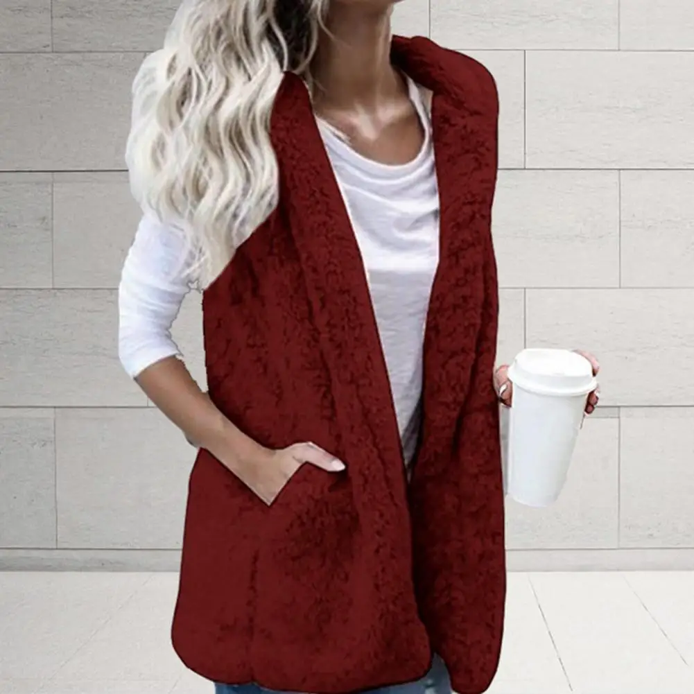 Women Vest Solid Color Pockets Autumn Winter Warm Double-sided Fluffy Pure Color Vest for Daily Wear