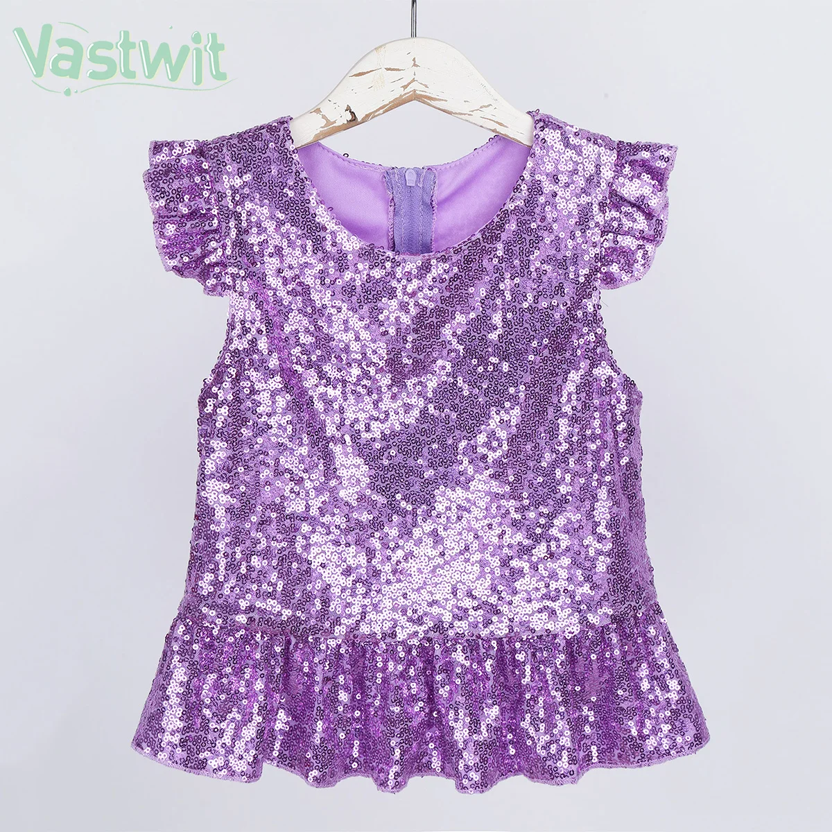 Kids Girls Mermaid Costume Sparkly Sequins Short Flutter Sleeves Ruffle T-shirts Dance Performance Carnival Birthday Party Tops