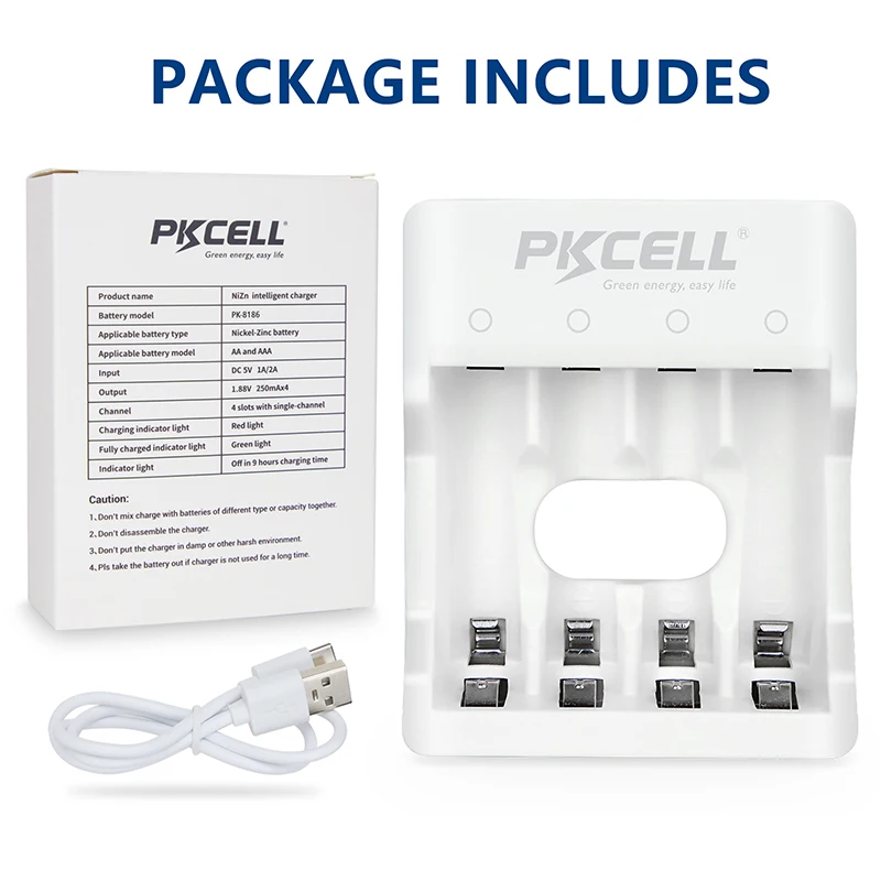 PKCELL 1.6V NIZN 충전기 8186 빠른 충전 충전기 AA/AAA NI-ZN 배터리 표시기 USB 케이블