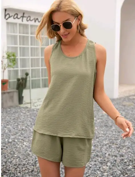 Summer Two Piece Set Women 2022 Chiffon Solid Shorts Sets Vintage Vest Loose T Shirt High Waist Loose Shorts Mujer Sets